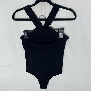 Black Stretchy Snap Crotch Thong Back V Neck Bodysuit XL/XXL